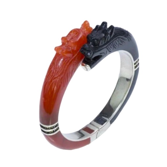 Chinese Dragon Carnelian Onyx Silver Bangle - Picture 2 of 15
